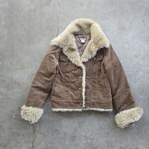Vtg Y2k Papaya Corduroy Faux Fur Boho Earthy Jacket Large